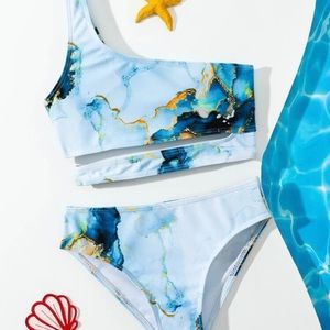 NIB Toddler Girls Blue Marble Print Bikini - 5/6T